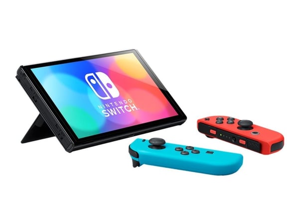 Nintendo Switch OLED - Spillkonsoll - Full HD - 64GB - Hvit / Sort - Opptil 9 timers batterilevetid - Inkl. 2 x Joy-Con (neonrød / neonblå)