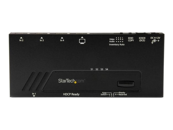 StarTech.com 4-ports HDMI automatisk videosvitsj - 4K 2x1 HDMI-svitsj med rask svitsjing, automatisk registrering og seriell kontroll - Video/lydbr...