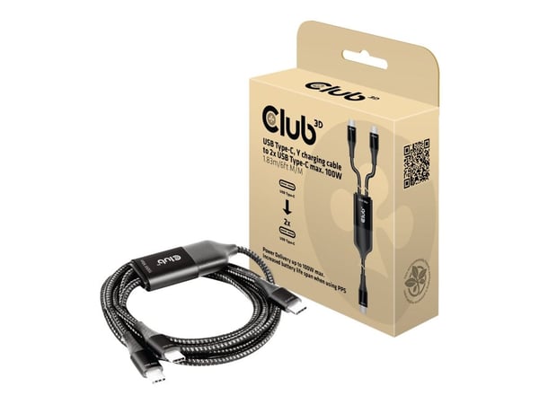 Club 3D - USB-kabel - 24 pin USB-C (hann) til 24 pin USB-C (hann) - 1.83 m - USB Power Delivery (100 W), støtte for Power Delivery 3.0, støtte for ...