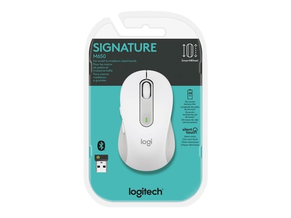Logitech Signature M650, Oikeakätinen, Optinen, RF Wireless + Bluetooth, 2000 DPI, Valkoinen