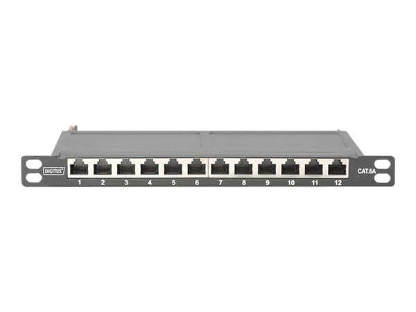 DIGITUS DN-91612S-SL-EA - Koblingspanel - veggmonterbar, rackmonterbar - CAT 6a - STP - RJ-45 X 12 - svart, RAL 9005 - 0.5U - 10"