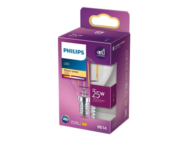 Philips LED Classic - LED-filamentlyspære - form: P45 - klar finish - E14 - 2 W (ekvivalent 25 W) - klasse E - varmt hvitt lys - 2700 K