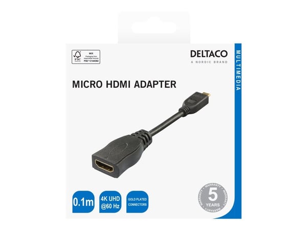 DELTACO - HDMI-adapter - HDMI hunn til 19 pin micro HDMI Type D hann - 10 cm - svart - 4K 30Hz støtte