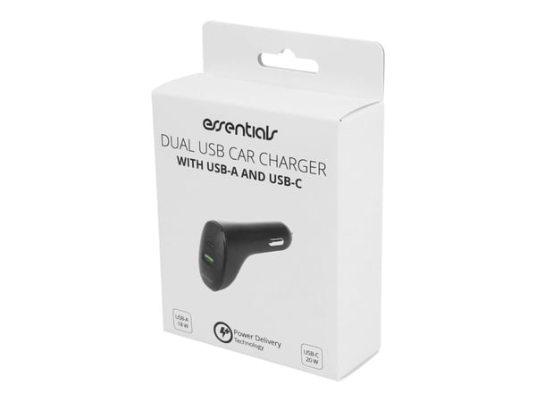 Car Charger, 1x USB-A 18W, 1x USB-C 20W, Black