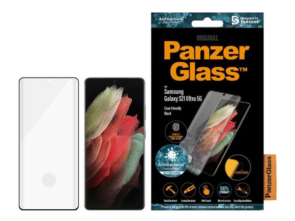 PanzerGlass™ | Case-Friendly - Skærmbeskytter for mobiltelefon - Edge-to-Edge passform - rammefarve sort | Samsung Galaxy S21 Ultra 5G
