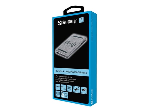 Sandberg - Trådløs nødlader - Li-pol - 10000 mAh - 37 Wh - 3 A - PD, QC 3.0 - 2 utgangskontakter (USB-C, USB) - på kabel: Micro-USB