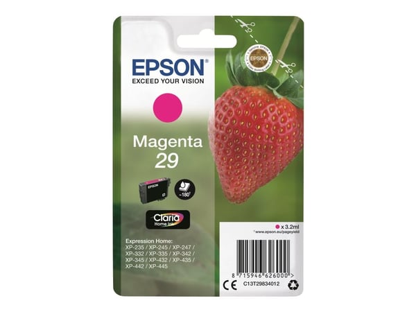 Epson Strawberry Singlepack Magenta 29 Claria Home Ink, Perusvärintuotto, Magenta, Väriainepohjainen muste, 3,2 ml, 1 kpl, 180 sivua