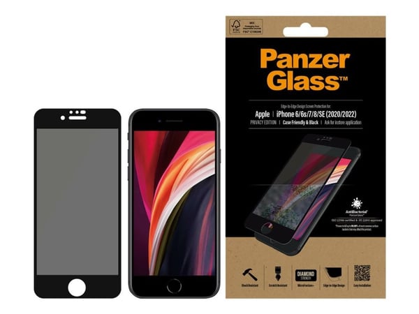 PanzerGlass™ | Privacy & Case-Friendly - Skærmbeskytter for mobiltelefon - Edge-to-Edge passform - rammefarve sort | Apple iPhone 6/6s/7/8/ SE (2. ...