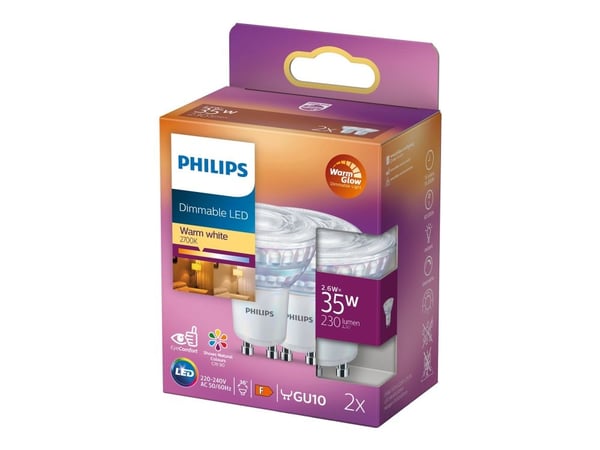 Philips - LED-spotlight - GU10 - 2.6 W (motsvarande 35 W) - klass F - varmt vitt ljus - 2200-2700 K (paket om 2)