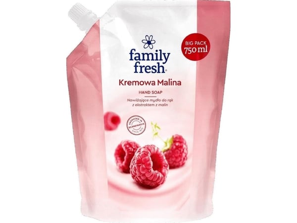 FAMILY FRESH håndsåpe fuktighetsgivende håndsåpe kremet bringebær refill 750 ml