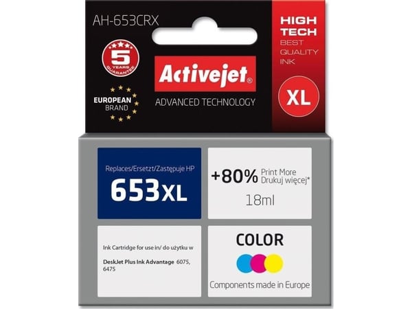 Activejet AH-653CRX, Høyt (XL) utbytte, Cyan, Fiolblå, Gult, Fargestoffbasert blekk, 18 ml, 1 stykker, Enkeltpakke