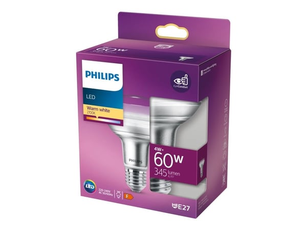 Philips - LED-pære for søkelys - form: R80 - E27 - 4 W (ekvivalent 60 W) - klasse F - varmt hvitt lys - 2700 K