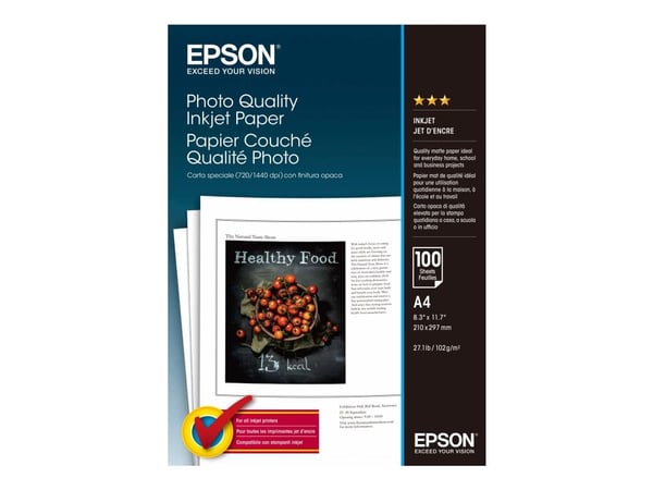 Epson Photo Quality Ink Jet Paper - Matt - belagt - ren hvit - A4 (210 x 297 mm) - 102 g/m² - 100 ark papir - for EcoTank ET-2810, 2815, 2825, 2826...