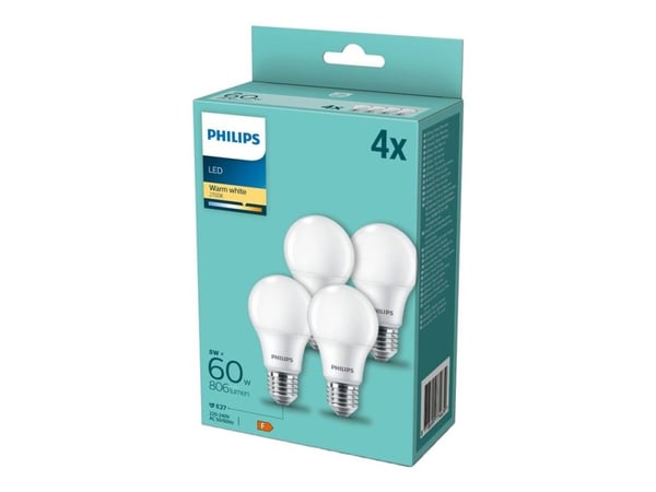 Philips - LED-lyspære - form: A60 - mattslipt finish - E27 - 8 W (ekvivalent 60 W) - klasse F - varmt hvitt lys - 2700 K (en pakke 4)