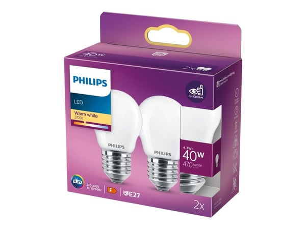 Philips LED Classic - LED-lyspære - form: P45 - E27 - 4.3 W (ekvivalent 40 W) - klasse F - varmt hvitt lys - 2700 K