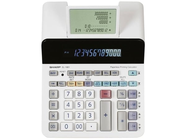 Sharp EL-1901, Desktop, Skjerm, 12 sifre, Vippbar skjerm, AC / batteri, Hvit
