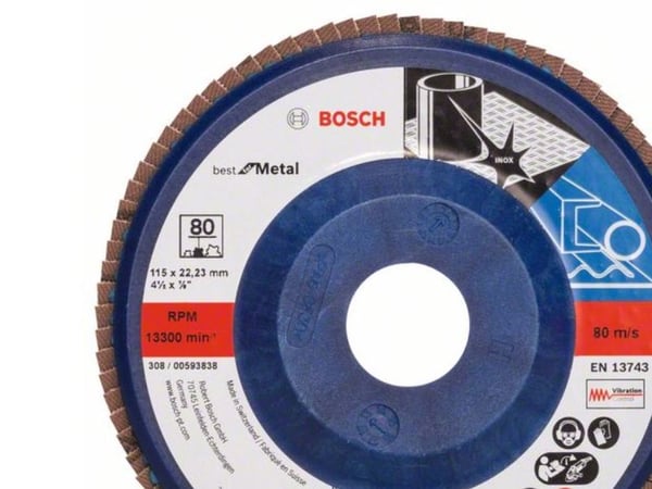 Bosch tilbehør 2608607336 X571 lamellslipeskive Ø115 mm, boring 22,33 mm, korn 80, stål, 1 stk