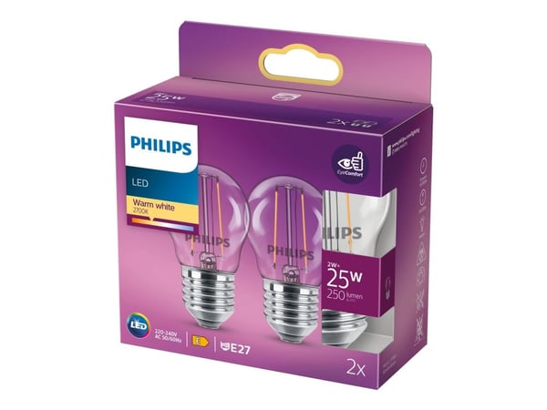 Philips - LED-filamentlyspære - form: P45 - klar finish - E27 - 2 W (ekvivalent 25 W) - klasse E - varmt hvitt lys - 2700 K (en pakke 2)