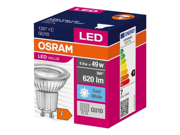 OSRAM LED VALUE - LED-pistepolttimo - muoto: PAR16 - GU10 - 6,9 W (49 W vastaava) - luokka F - viileän valkoinen valo - 4000 K