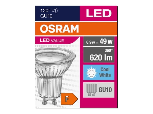 OSRAM LED VALUE - LED-pistepolttimo - muoto: PAR16 - GU10 - 6,9 W (49 W vastaava) - luokka F - viileän valkoinen valo - 4000 K