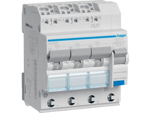 Hager ADZ316D, Reststrøm enhed, tyyppi A, 6000 A, 230 V