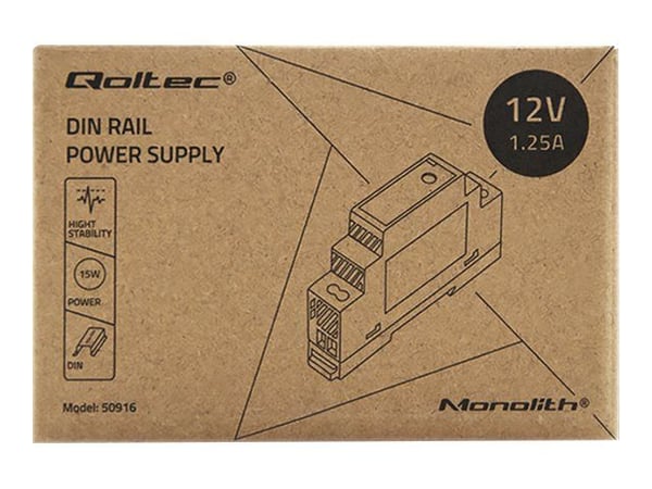 Qoltec - Strømforsyning (DIN-skinnemonterbar) - AC 100-240 V - 15 watt - grå
