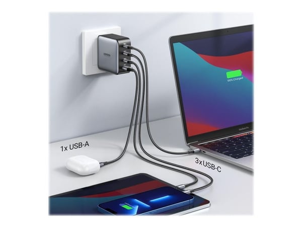 Ugreen - Strømadapter - 100 watt - 5 A - PD 3.0, QC 4.0+ - 4 utgangskontakter (3 x USB-C, USB) - Europa