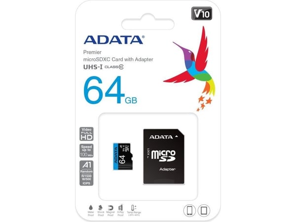 ADATA Premier - Flashminnekort (microSDXC til SD-adapter inkludert) - 64 GB - UHS Class 1 / Class10 - microSDXC UHS-I - for detaljhandel