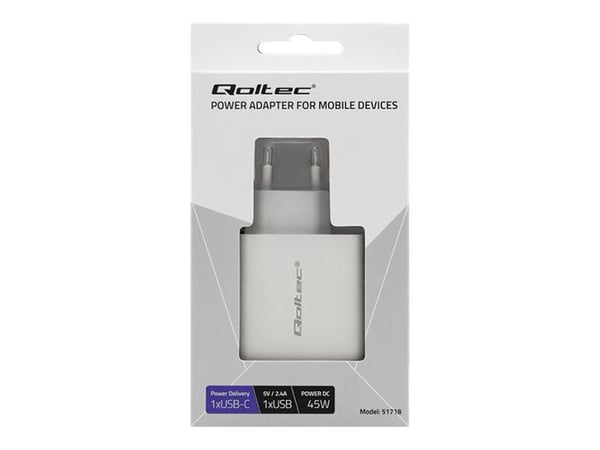 Qoltec 51718 - Strømadapter - 45 watt - 3 A - PD - 2 utgangskontakter (USB-C, USB) - hvit