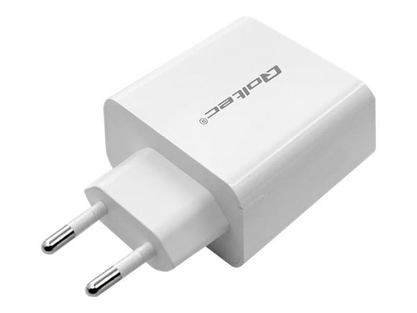 Qoltec 51718 - Strømadapter - 45 watt - 3 A - PD - 2 utgangskontakter (USB-C, USB) - hvit