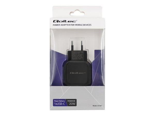 Qoltec - Strömadapter - 20 Watt - 3 A - PD (USB-C) - svart