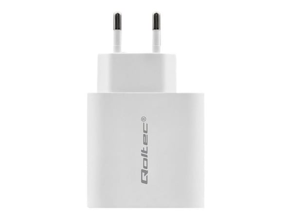 Qoltec 51718 - Strømadapter - 45 watt - 3 A - PD - 2 utgangskontakter (USB-C, USB) - hvit