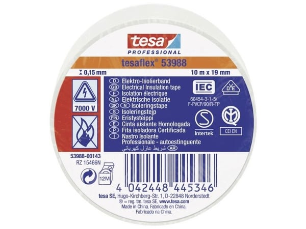 tesa tesaflex IEC 53988-00143-00 isolasjonstape hvit 10 m x 19 mm 1 stk