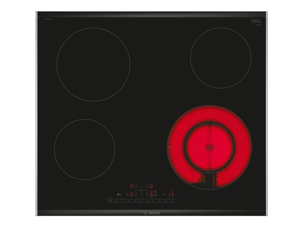 Bosch Serie | 6 PKF675FP2E - Keramisk häll - 4 kokplattor - Fördjupning - bredd: 56 cm - djup: 49 cm - med kanter i rostfritt stål - svart