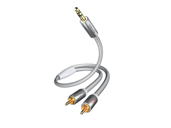 in-akustik Premium Audio - Lydkabel - minijakk hann til RCA x 2 hann - 1.5 m - dobbeltisolert - hvit, sølv