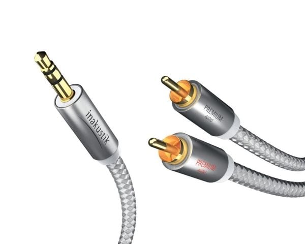 in-akustik Premium Audio - Lydkabel - minijakk hann til RCA x 2 hann - 1.5 m - dobbeltisolert - hvit, sølv