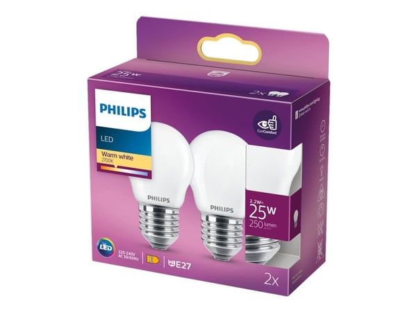 Philips LED Classic - LED-lyspære - form: P45 - mattslipt finish - E27 - 2.2 W (ekvivalent 25 W) - klasse E - varmt hvitt lys - 2700 K (en pakke 2)
