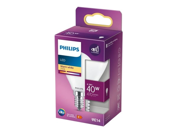 Philips LED Classic - LED-lyspære - form: P45 - mattslipt finish - E14 - 4.3 W (ekvivalent 40 W) - klasse F - varmt hvitt lys - 2700 K