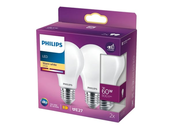 Philips - LED-glödlampa - form: A60 - glaserad finish - E27 - 7 W (motsvarande 60 W) - klass E - varmt vitt ljus - 2700 K