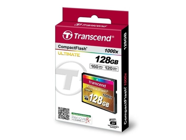 Transcend 1000x CompactFlash 128GB, 128 GB, CompactFlash, MLC, 160 MB/s, 120 MB/s, Musta