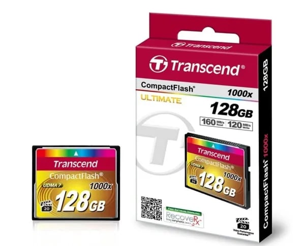 Transcend 1000x CompactFlash 128GB, 128 GB, CompactFlash, MLC, 160 MB/s, 120 MB/s, Musta