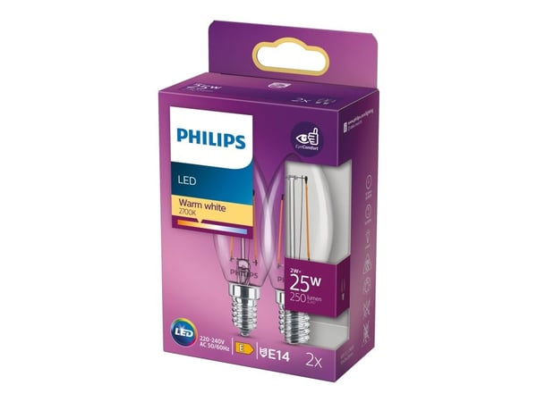 Philips - LED-filamentlyspære - form: B35 - klar finish - E14 - 2 W (ekvivalent 25 W) - klasse E - varmt hvitt lys - 2700 K - gjennomsiktig (en pak...