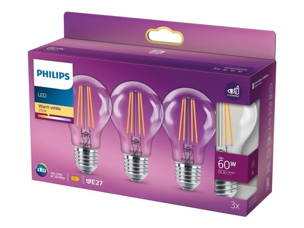 Philips Hehkulankalamppu, kirkas 60W A60 E27 x3, 7 W, 60 W, E27, 806 lm, 15000 h, Lämmin valkoinen