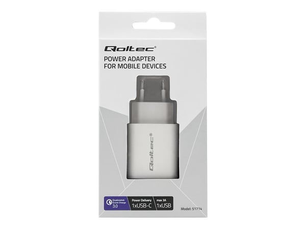 Qoltec Mains charger - Strømadapter - 18 watt - 3 A - PD, QC 3.0 (USB, USB-C) - hvit