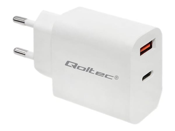 Qoltec Mains charger - Strømadapter - 18 watt - 3 A - PD, QC 3.0 (USB, USB-C) - hvit