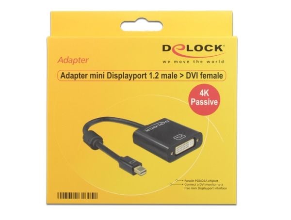 Delock - Videosovitin - yksi linkki - Mini DisplayPort (uros) - DVI-I (naaras) - DisplayPort 1.2 - 20 cm - sormiruuvit, 4K-tuki - musta