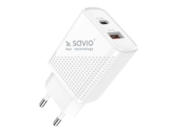 SAVIO LA-04 - Strømadapter - 18 watt - 3.6 A - PD 3.0, QC 3.0 - 2 utgangskontakter (USB, USB-C) - hvit