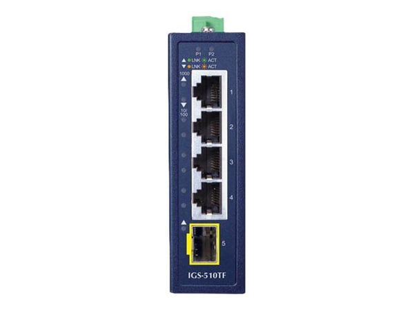 PLANET IGS-510TF - Switch - ikke-styrt - 4 x 10/100/1000 + 1 x 1000Base-X SFP - DIN-skinnemonterbar, veggmonterbar - AC 24 V / DC 9 - 48 V
