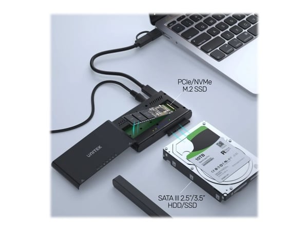 Unitek SolidForce+ - Lagringspakke - 2,5" / 3,5" delt, M.2 - SATA 6Gb/s / PCIe 3.0 x2 (NVMe) - USB 3.2 (Gen 2) - svart