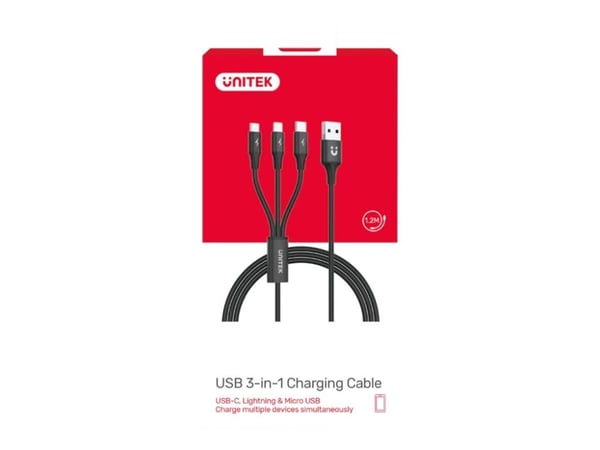 UNITEK C14049BK, 1,2 m, USB C, Micro-USB B/Lightning, USB 2.0, Musta